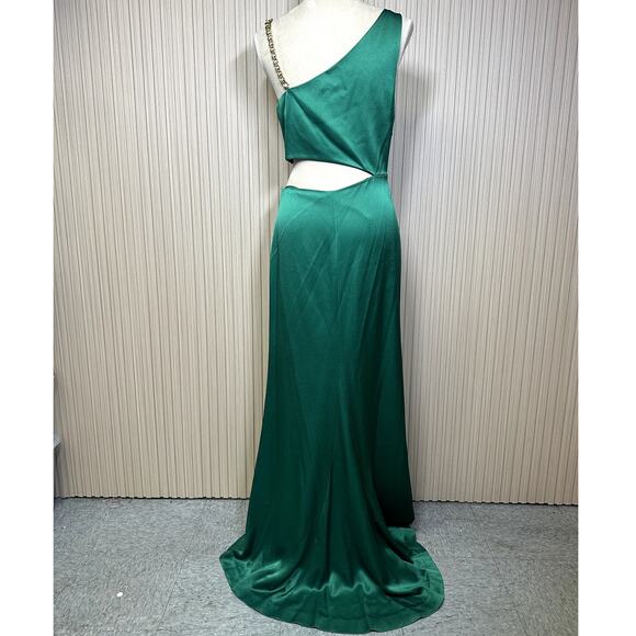 Alice + Olivia Karoline Chain Shoulder Cutout Gown In Emerald Size 10 - Picture 2 of 11